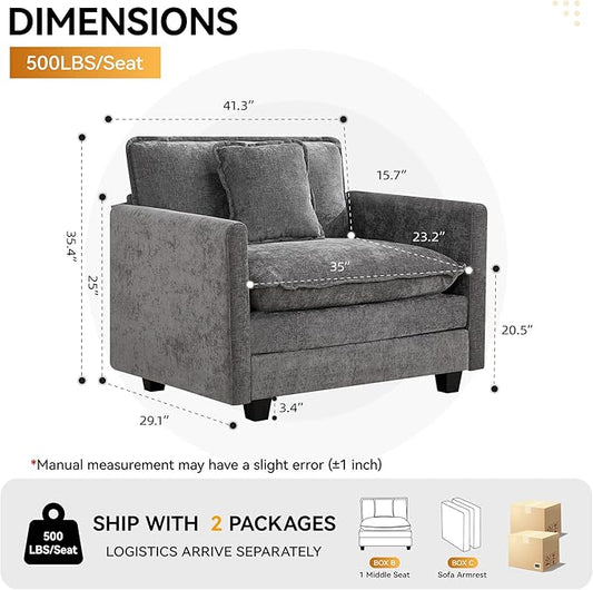 WUTUTUEE 41'' Modern Chenille Oversized Chair, Upholstered Accent Living Room Chair with Extra Thicked Deep Seat, Single Lounge Chair for Bedroom, Small Apartment, Grey