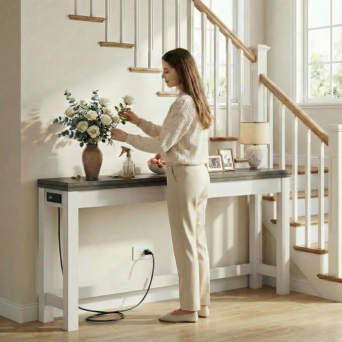 Cyclysio 63" Console Table with Charging Station, 13.8" Deep Farmhouse Sofa Table Behind Couch with 2 AC Outlets & 3 USB Ports, Long Entryway TV Console or Home Office Desk, Oak Grey