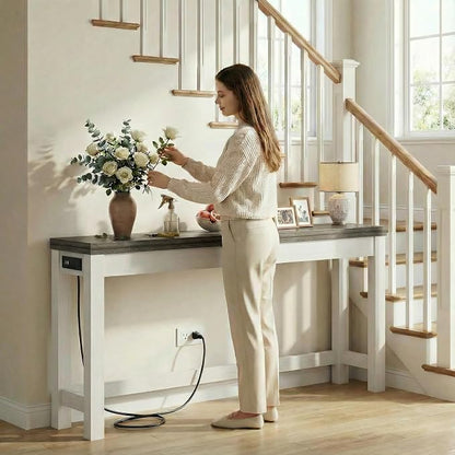 Cyclysio 63" Console Table with Charging Station, 13.8" Deep Farmhouse Sofa Table Behind Couch with 2 AC Outlets & 3 USB Ports, Long Entryway TV Console or Home Office Desk, Oak Grey