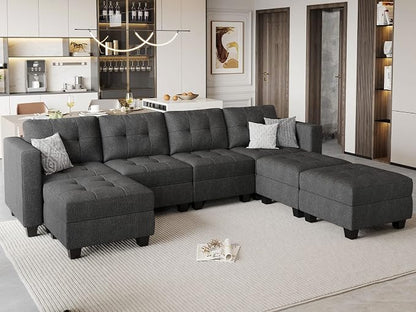 Belffin Modular Storage U-Shape Sectional Sofa Couch with Reversible Chaises 7-seat Sofa with Storage Seat Modular Sectional Sofa Set with Ottomans Modern Fabric Dark Grey