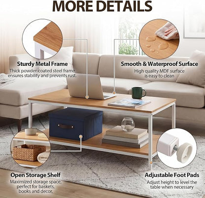 SUPER DEAL 2-Tier Coffee Table with Storage Shelf for Small Apartment Living Room, Rectangle Wood and Stable Metal TV Stand Side End Table, Natural Wood