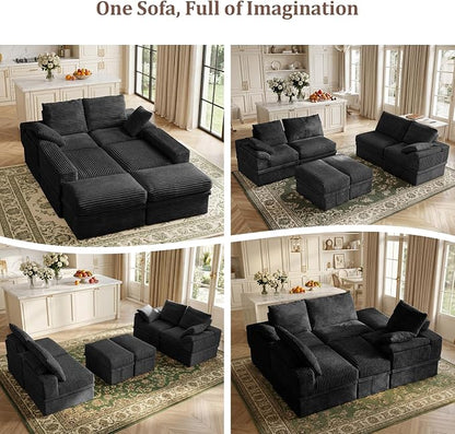 142" Modular U-Shaped Sectional Sofa with Storage, 4-Seat Corduroy Boneless Couch, 27" Deep Seat Cloud Couch & 2 Movable Ottoman, Tool-Free Assembly, Couch for Living Room, Black