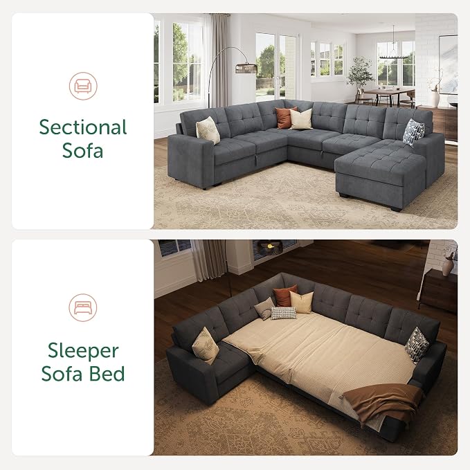 HONBAY Modular Sectional Sleeper Sofa with Pull Out Bed, U Shaped Sleeper Couches with Storage Chaise, 114'' Sleeper Sectional Sofas for Living Room, Apartment (Bluish Grey)