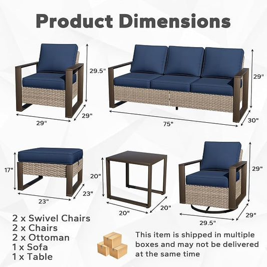 Joyside Outdoor Patio Chairs, 8 Pieces Wicker Rattan Furniture Set, 4 Patio Chairs, 1 Sofa, 2 Ottoman and 1 Table, Metal Wide Armrest, Thick Cushions and Deep Seating for Garden, Backyard, Porch