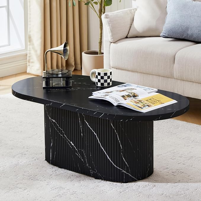 Oval Coffee Table, Modern Faux Marble Wood Coffee Table, Small Fluted Center Tea Table for Living Room, Black