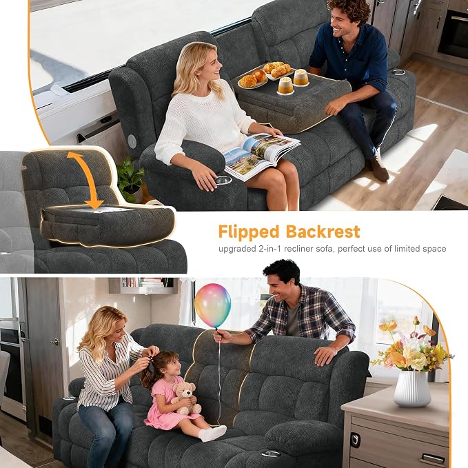 Loveseat Recliner Sofa with Flip Backrest Design, 3 Seat RV Recliner Sofa with USB Ports & Pockets, Wall Hugger Reclining Loveseat with Cup Holders & Drawer, RV Couch for Home Theater Seating