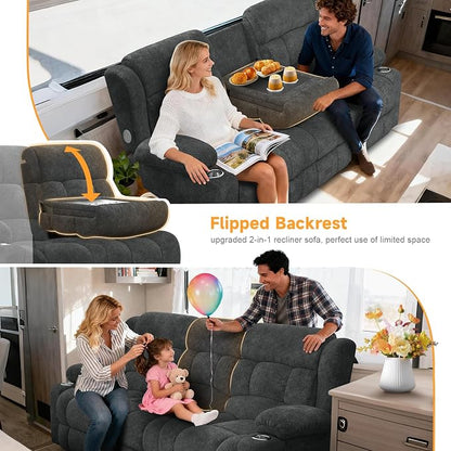 Loveseat Recliner Sofa with Flip Backrest Design, 3 Seat RV Recliner Sofa with USB Ports & Pockets, Wall Hugger Reclining Loveseat with Cup Holders & Drawer, RV Couch for Home Theater Seating
