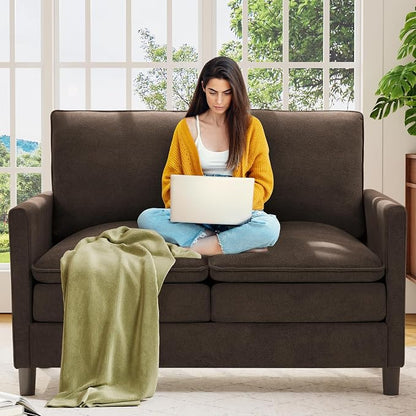 Welzona 3-Layers Cloud Loveseat Sofa, 51" Small Couch for Living Room, Bedroom - Tool-Free Assembly with Teddy Fabric Small Sofa - Brown - Futon Couch - Removable Washable Covers - 650lbs Capacity