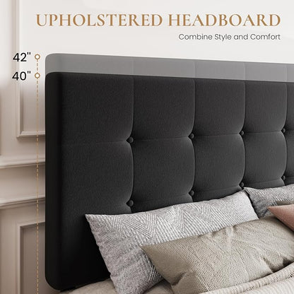 SHA CERLIN Full Size Platform Bed Frame with 4 Oversized Storage Drawers, Adjustable Headboard with Velvet Upholstery, Square Button Tufted Design, Wooden Slat Support, No Box Spring Needed, Black