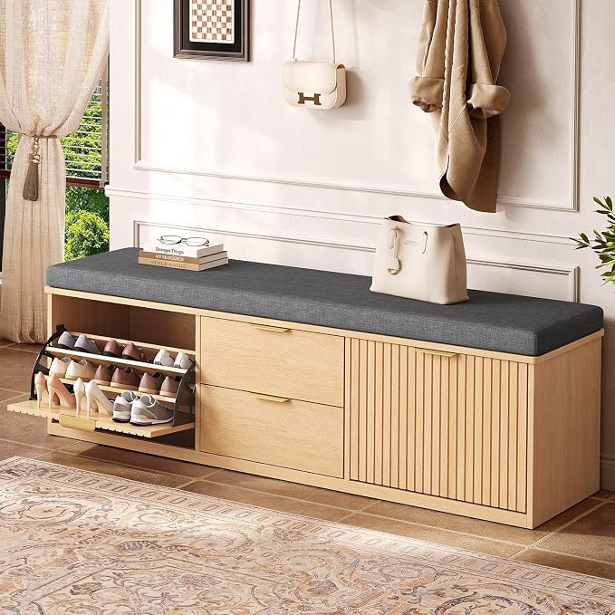 59" Storage Bench with Cushion and Flip Drawer, 2-Tier Entryway Bench with Storage, Shoe Bench with Cabinet, 2 Storage Drawer, Adjustable Shelf, for Entryway, Bedroom, Living Room, Natural