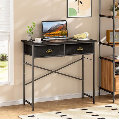 DAOUTIME Black Writing Desk for Kids Bedroom, 31.5 Inch Small Computer Desk for Small Spaces, Simple Desk with 2 Fabric Drawers for Home Office, Dorm, Living Room, Home Study Table, Black