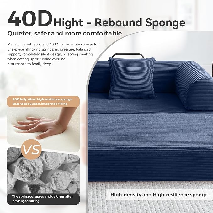 Convertible Sofa Bed with Corduroy Pillow,Comfy Floor Sofa Bed Compressed Sofa in Box, Convertible Sofa Bed for Living Room Bedroom Lounge Studio, Comfy High Density Foam Mattress(Navy Blue)