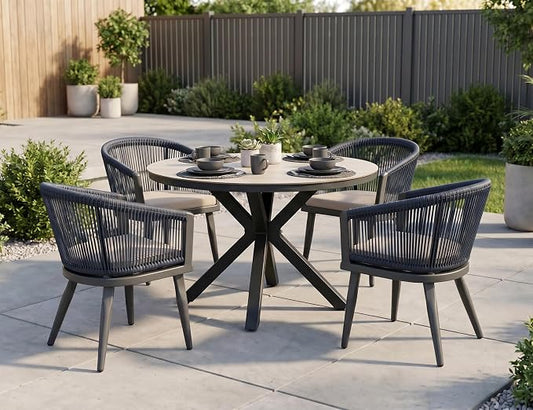PURPLE LEAF 5-Piece Oversize Patio Dining Set with Cushions Round Table and Chairs Outdoor Furniture All-Weather Wicker & Gray-Finish Aluminum Frame for Garden Deck Backyard Kitchen