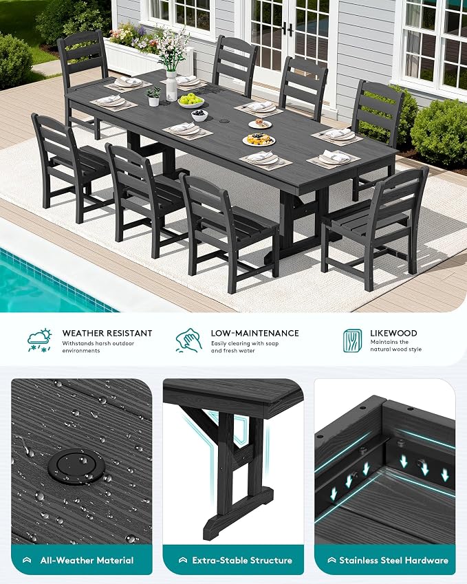 SERWALL 9 Piece 84" HDPE Outdoor Dining Set for 8 with Armless Chairs and Umbrelle Hole, Black
