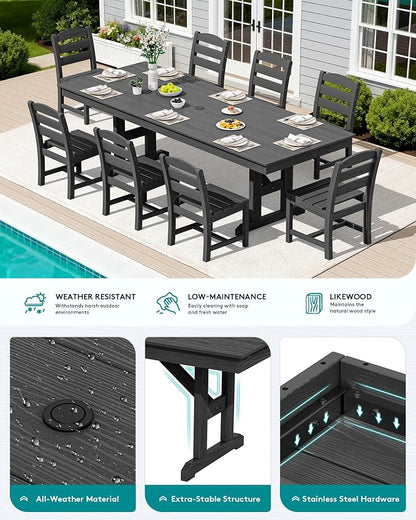 SERWALL 9 Piece 84" HDPE Outdoor Dining Set for 8 with Armless Chairs and Umbrelle Hole, Black