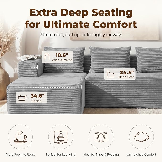 Modular Sectional U-Shaped Sofa with Deep Seat, Modern Boneless Comfy Corduroy Fluffy Couch with Side Pockets and Anti-Slip & Floor-Friendly Bottom for Living Room, No Assembly, Light Grey