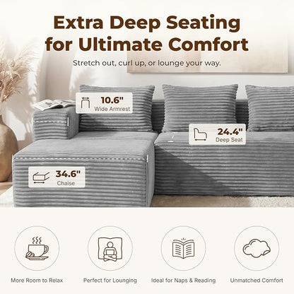 Modular Sectional U-Shaped Sofa with Deep Seat, Modern Boneless Comfy Corduroy Fluffy Couch with Side Pockets and Anti-Slip & Floor-Friendly Bottom for Living Room, No Assembly, Light Grey