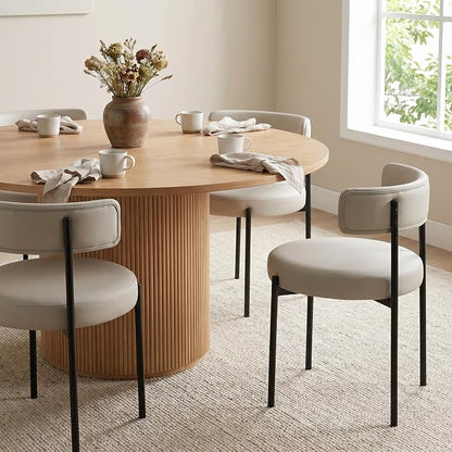 Faux Leather Dining Chairs Set of 2, Upholstered Kitchen and Dining Room Chairs, Mid-Century Modern Dining Chairs with Round Back and Black Metal Legs, Vegan Leather, Beige Grey