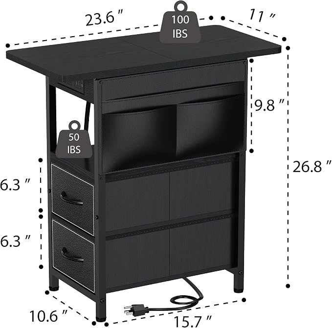 Yenlure Small Side Table with Charging Station, Narrow Nightstand Bedside Tables with Storage Pocket for Living Room Bedroom, Sofa End Table with USB Ports and Power Outlets for Small Spaces
