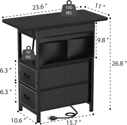 Yenlure Small Side Table with Charging Station, Narrow Nightstand Bedside Tables with Storage Pocket for Living Room Bedroom, Sofa End Table with USB Ports and Power Outlets for Small Spaces
