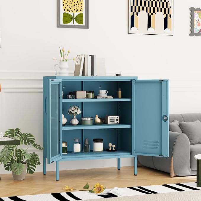 Metal Cabinet Metal Bathroom Storage Cabinet Metal Storage Cabinets with Glass Door and Adjustable Shelves Cabinet Storage for Coffee Bar for Homes, Living Rooms and Offices Blue 33''H
