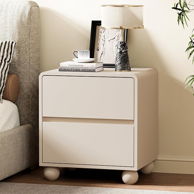 Furniway Beige Nightstand Set of 2, Modern 2 Drawer Bedside Table with Curved Profile Design and Handle-Free Drawers, Modern End Table with Storage for Bedroom