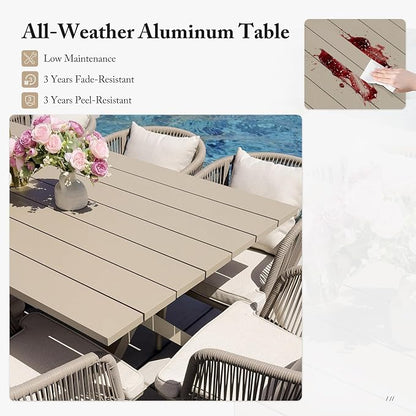 PURPLE LEAF 11 Pieces Patio Dining Set with Waterproof Furniture Cover Rectangular Table and Chairs Set for Garden Deck Aluminum Frame Backyard Kitchen Set, Cushions and Pillows Included Champagne