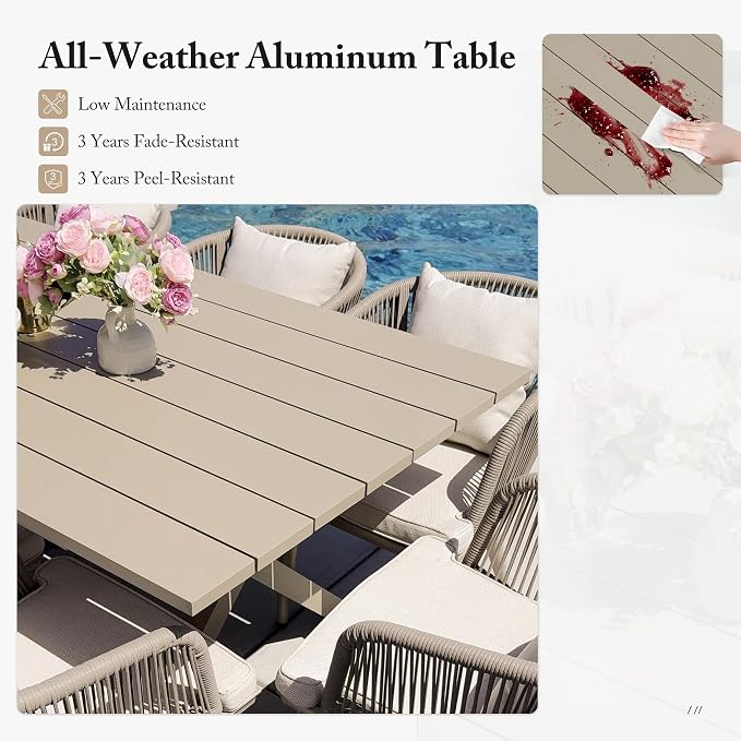 PURPLE LEAF 7 Pieces Patio Dining Set Wicker Outdoor Furniture Rectangular Table and Chairs Set for Garden Deck Aluminum Frame Backyard Kitchen Set, Cushions and Pillows Included Champagne