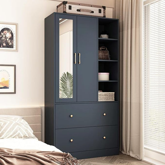 Wardrobe Armoire Closet with Mirror, 2 Door Wardrobe Cabinet with 2 Drawers & Extendable Hanging Rod, Bedroom Armoire Cabinet Clothes Organizer, Type A Blue (35.5" W x 15.8" D x 70.8" H)