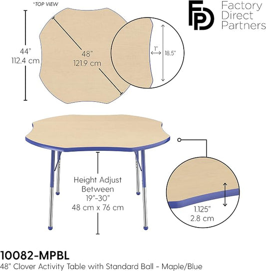 FDP Clover Activity School and Office Table (48 x 48 inch), Standard Legs with Ball Glides for Collaborative Seating Environments, Adjustable Height 19-30 inches - Maple Top and Blue Edge