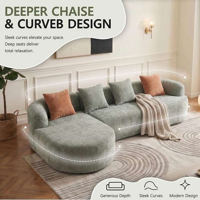 Modular Sectional Boneless Couches, Cloud Sectional Couch with L-Shape Curved Chaise, Modern Comfy Chenille Sofa with Deep Seat for Living Room, Bedroom, No Assembly Required (Greeny)