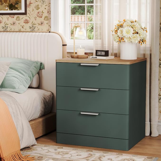 3 Pieces of Dresser and Nightstand Set,47.2" Width 6-Drawer Dresser & 3-Drawer Nightstands Set of 2 w/Metal Handle, Modern Design for Bedroom,Green & Brown