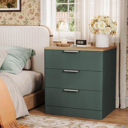 3 Pieces of Dresser and Nightstand Set,47.2" Width 6-Drawer Dresser & 3-Drawer Nightstands Set of 2 w/Metal Handle, Modern Design for Bedroom,Green & Brown