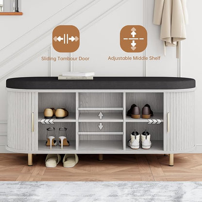 DHH 2-Tier Storage Bench,Wide Shoe Bench with Thickened Padded Seat Cushion, Mid Century Modern Fluted Sliding Door and Adjustable Shelf, for Entryway, Living Room, Bedroom (Grayish White, 43.3“)
