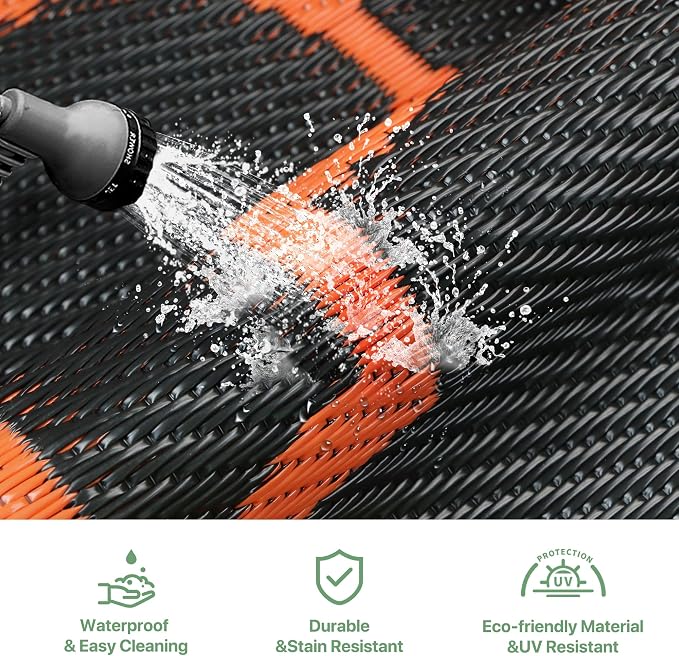 GENIMO 6' x 9' Outdoor Rug Waterproof for Patio Decor, Foldable Reversible Plastic Straw Area Rugs Mat for Camper, Outside Carpet for Rv, Deck, Porch, Picnic, Beach, Balcony, Black & Orange