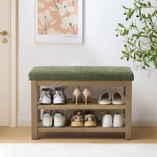 Zihanhome 2 Tier Shoe Rack Bench with Cushion, Solid Wood Shoe Benches, Mid-Century Modern Shoe Storage Bench for Entryway, Hallway, Living Room, Closet, Front Door Entrance, (Green, 31.5")