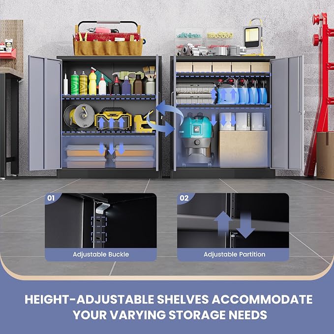 36" H Metal Storage Cabinet, Black Metal Cabinet with 2 Lockable Doors and 2 Adjustable Shelves, Garage Storage Cabinet for Home Office, Garage, School, Apartment, Warehouse