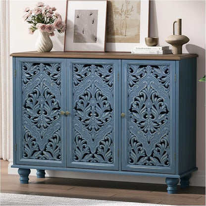 JOINICE 42.5" Accent Storage Cabinet with 3 Carved Doors,Blue & Walnut | Versatile Storage for Living Room & Dining Room & Bedroom & TV Stand, Solid Wood Legs, Farmhouse/Rustic Style, Easy Assembly