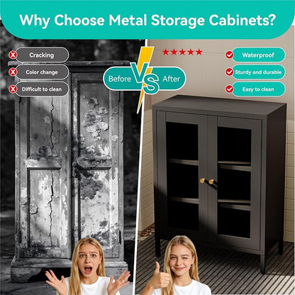 Small Metal Cabinet with Glass Doors,Display Storage Cabinet with 2 Adjustable Shelves for Bathroom Entryway Living Room Dining Room Kitchen,3-Tier,11.8" D x 23.6" W x 31.5" H, Black