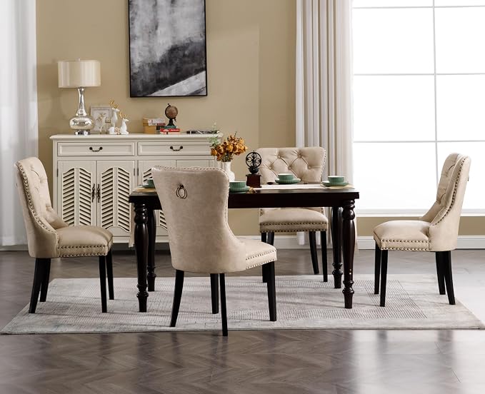 EALSON Mid Century Dining Chairs Set of 4 Modern Leather Dining Room Chairs with Wood Legs Tufted Upholstered Kitchen Side Chairs with Nail Head Trim for Dining Room/Living Room, Beige with Ring