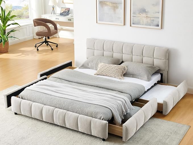 KEIKI Queen Thick Chenille Bed Frame with 4 Storage Drawer & Upholstered Tufted Headboard, Modern Solid Wood Floor Platform for Bedroom, No Box Spring Needed