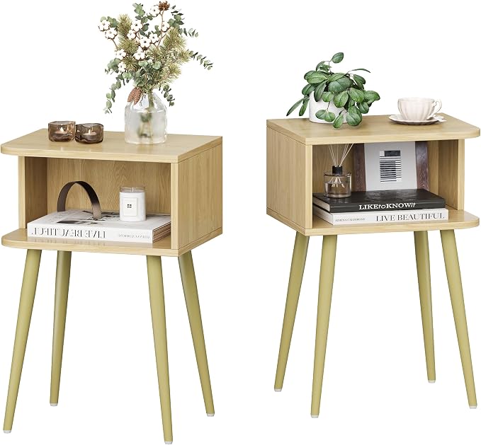 Natural Nightstand Set of 2, Small Bed Side Table for Small Spaces, Mid Century Modern Nightstand End Table with Open Storage, Side Table for Bedroom Living Room, MLBZ20Y-2
