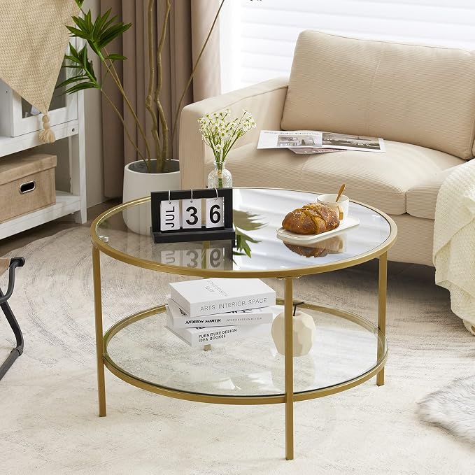 VINGLI Glass Coffee Table, 30" Round Champagne Gold Coffee Tables for Living Room,2-Tier Glass Top Coffee Table with Storage Clear Coffee Table,Simple & Modern Center Table Mesa de Centro para Sala