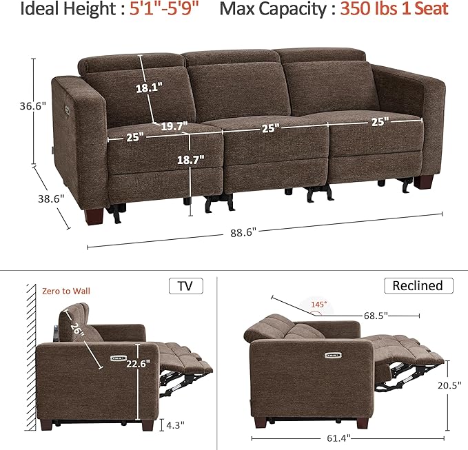 MCombo 88.6'' Reclining Sofa, Wall Hugger Power Recliner Sofa with Adjustable Headrest, USB A & C Charge Ports, Wood Legs, for Living Room (Fabric, HL198M3) (Coffee, 3-Seater)