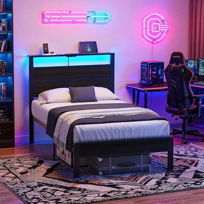 Twin Bed Frame with LED Lights & USB Charging Station, Black Metal Platform Bed with Storage Headboard, Under-Bed Space, Noise-Free & Sturdy, No Box Spring Needed, Easy Assembly
