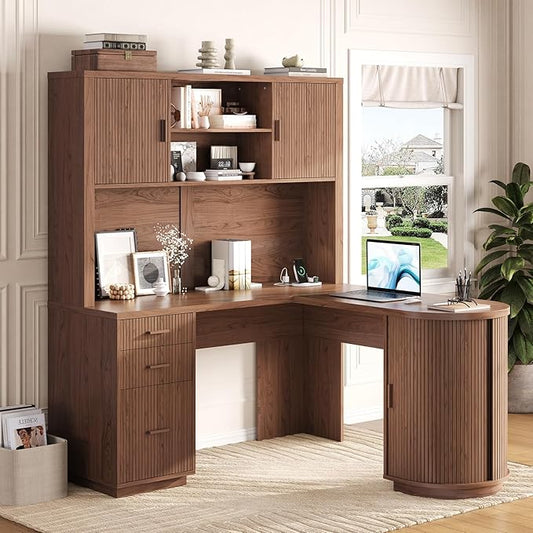 ONBRILL 70.87“H L Shaped Executive Desks with Hutch, Fluted Corner Desk with 3 Drawers & Charging Outlets, Mid-Century Wood Home Office Desk with Sliding Door for Work and Study,Walnut