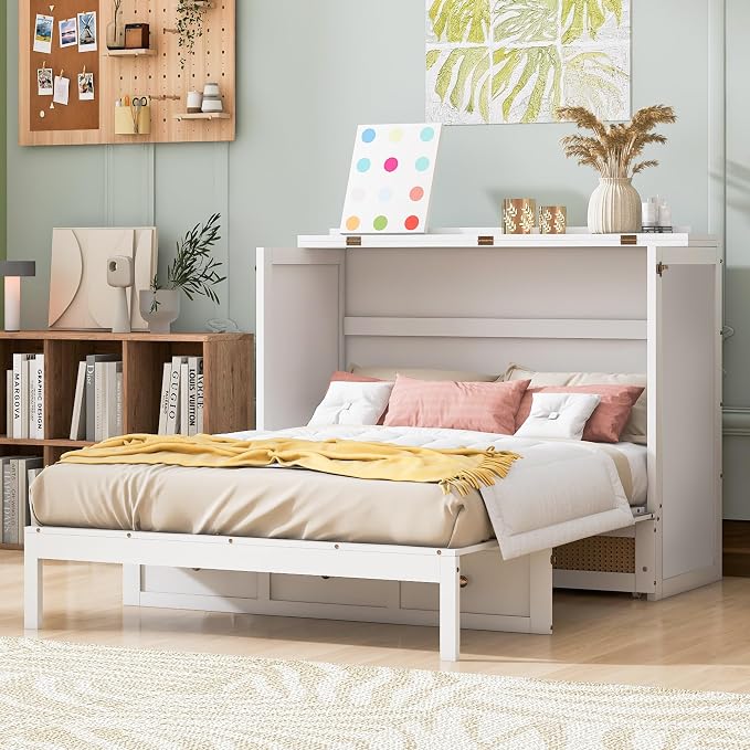 Bellemave Full Murphy Bed with Storage Drawer, Cabinet Bed, Farmhouse Murphy Cabinet with Foldable Panel, Noisy Free, for Guest Bedroom, Living Room, White with Rattan
