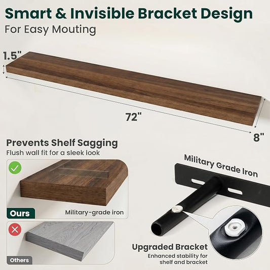 Floating Shelves for Wall, 72 Inch x 8 Inch Deep Wall Mounted Wood Shelf with Invisible Brackets for Storage & Display, Living Room Bedroom Kitchen, Walnut, Set of 2