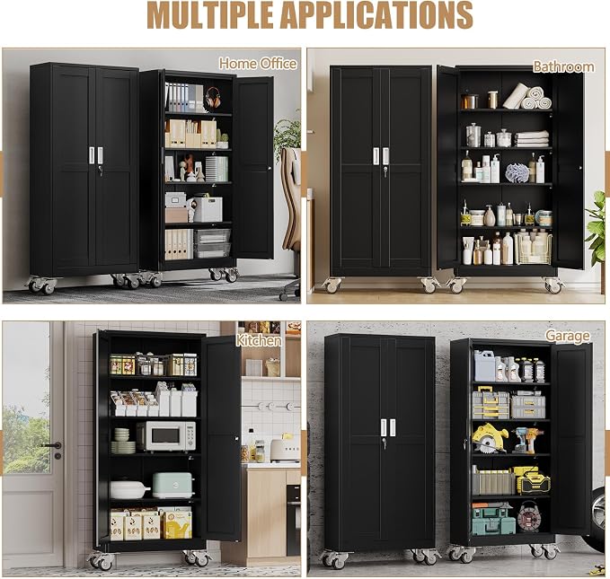 71" H Metal Pantry Storage Cabinet with Wheels,Rolling Kitchen Pantry Cabinet with 2 Doors and 4 Adjustable Shelves, Locker Steel Pantry,Organization Pantry for Garage,Home,Gym,School,Black