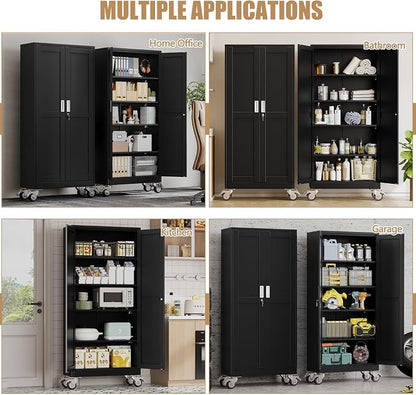 71" H Metal Pantry Storage Cabinet with Wheels,Rolling Kitchen Pantry Cabinet with 2 Doors and 4 Adjustable Shelves, Locker Steel Pantry,Organization Pantry for Garage,Home,Gym,School,Black